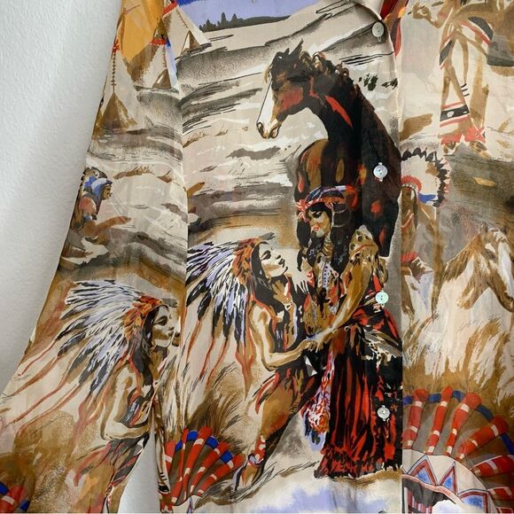 Otto Kern Silk Native American Indian Tribal 100% Silk Button Front Top - Picture 3 of 5